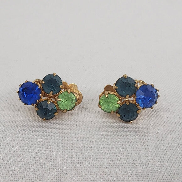 Vintage Gold Tone Blue & Green Crystal Clip On Earrings - Picture 1 of 5
